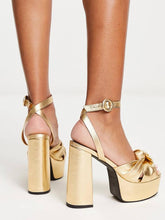 Knotted Square Toe Block Heeled Sandals With Buckle Ankle Strap Platform